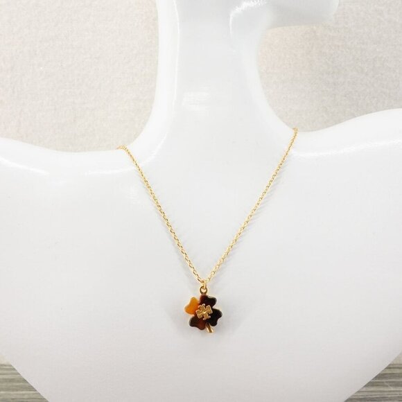 Tory Burch Resin Clover Necklace Tortoise Brown OS - Picture 4 of 12